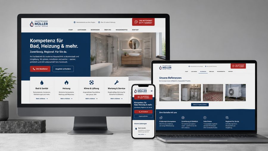 Firmenwebsite für einen Handwerksbetrieb mit Notdienst-Button – Webdesign-Beispiel von Web-Steps MEDIA